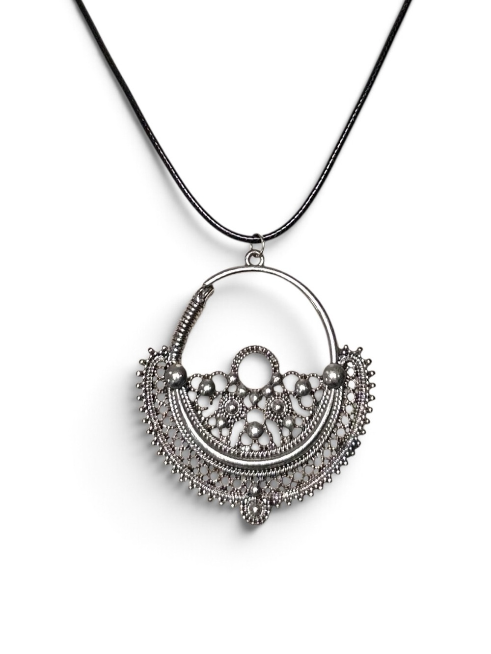 🩶 Large Ornate Silver Tone Pendant on Black Cord
